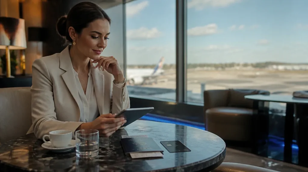 Viajante em sala de aeroporto com cartão premium genérico representa os benefícios do BTG Ultrablue World Legend