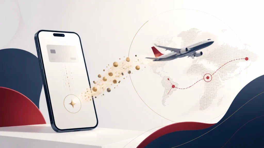 Avião e pontos representando a transferência de pontos para o LATAM Pass