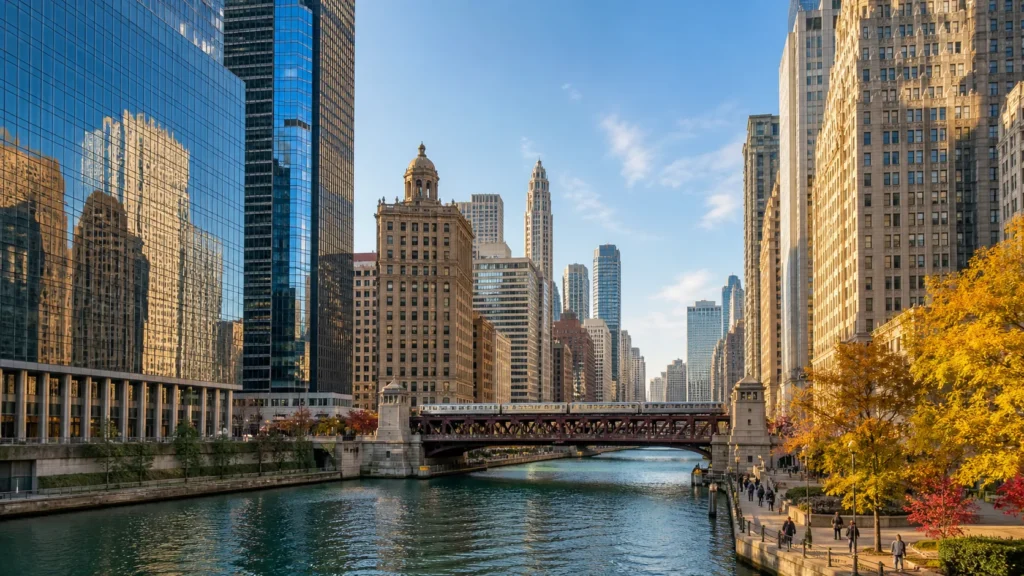 Vista do Chicago River cercado pelos prédios do Loop em dia de outono