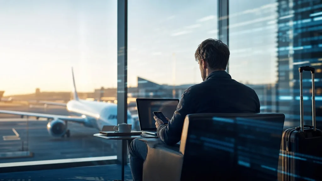 Viajante usando VPN para viagem no notebook e celular em um aeroporto