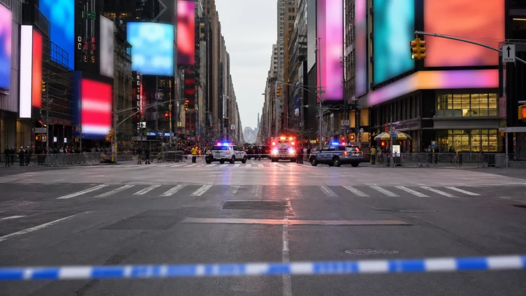 Imagem ilustrativa do ataque em Times Square com área isolada e veículos de emergência
