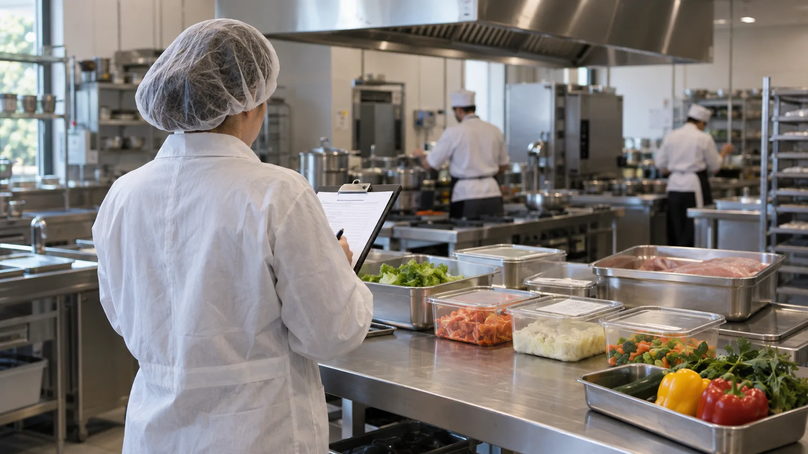 Profissional realiza inspeção de segurança alimentar em cozinha de hotel, imagem ilustrativa
