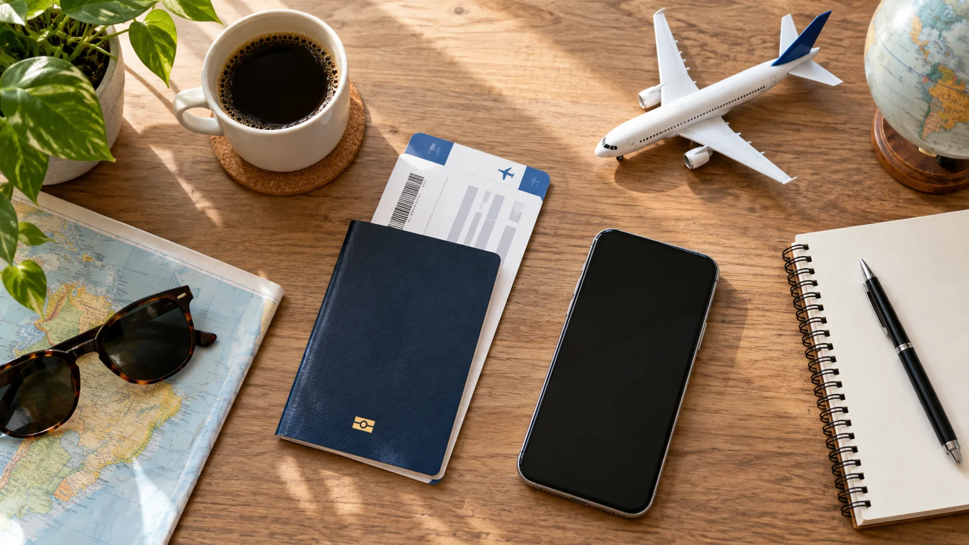 Passaporte, celular e itens de planejamento de viagem sobre uma mesa