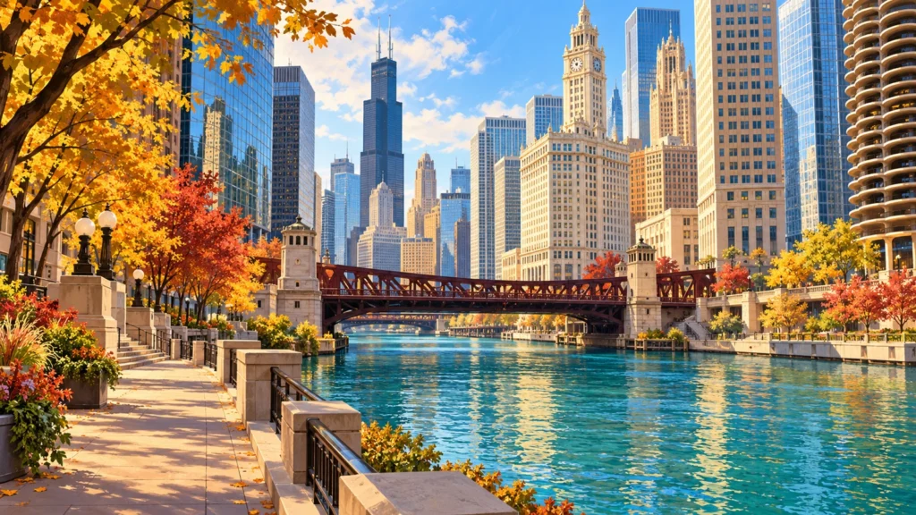 Chicago em 3 dias: ilustração gerada por IA do rio, pontes e arquitetura da cidade