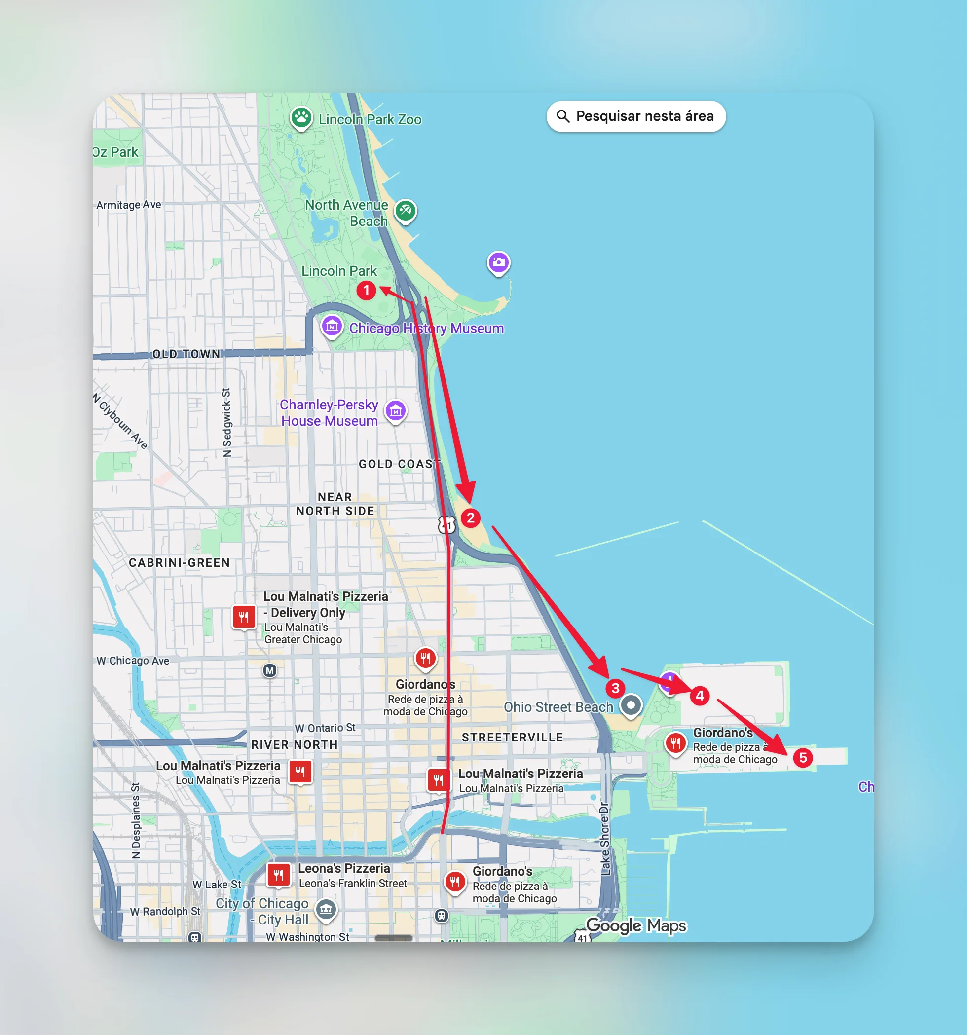 Mapa do passeio entre Lincoln Park, orla do Lago Michigan e Navy Pier