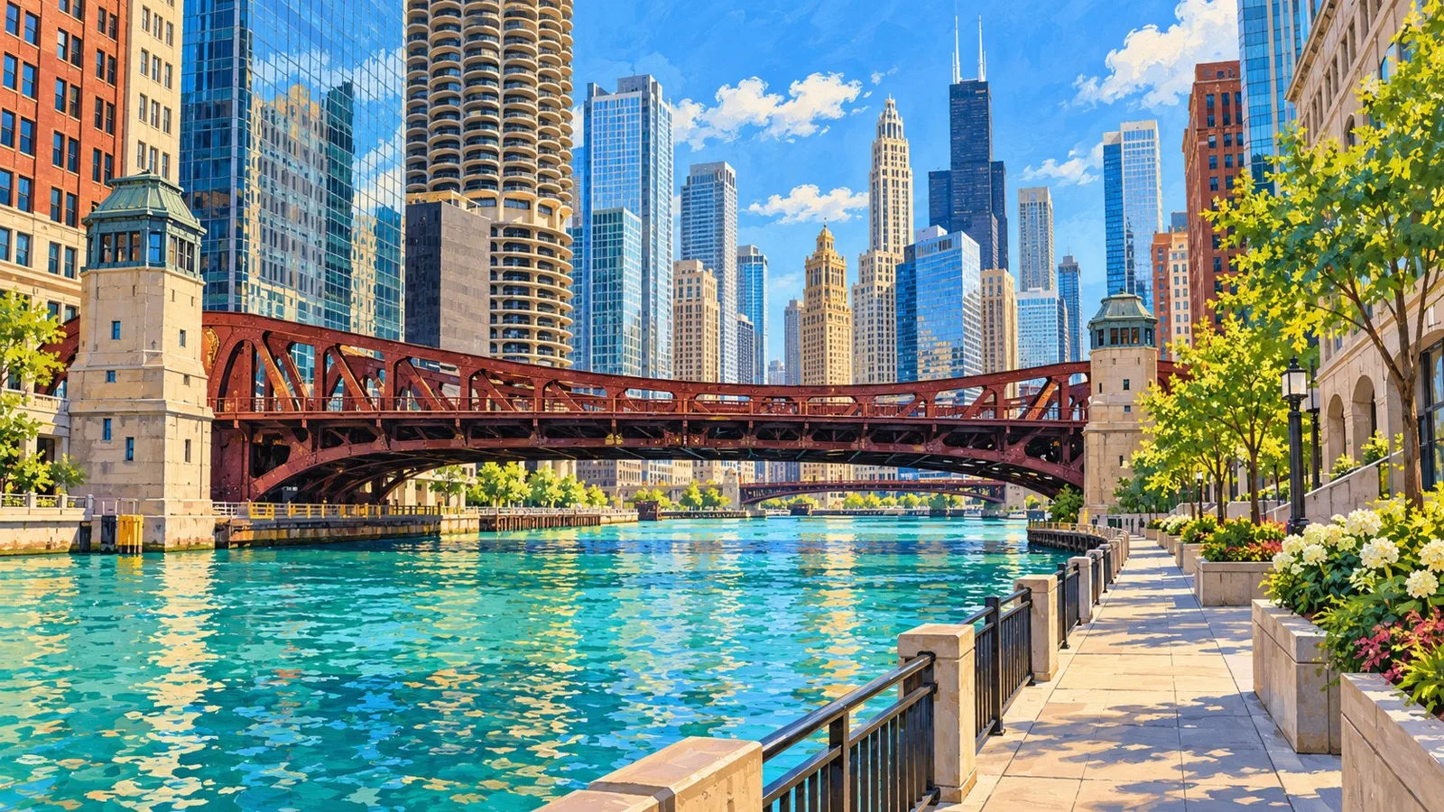 Ilustração do Chicago Riverwalk com rio, ponte e edifícios